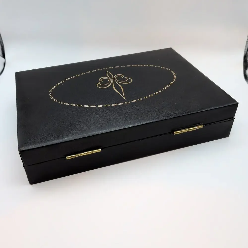 Vintage Men's Valet Accessories Jewelry Box Display Fleur De Lis Black Red Lined